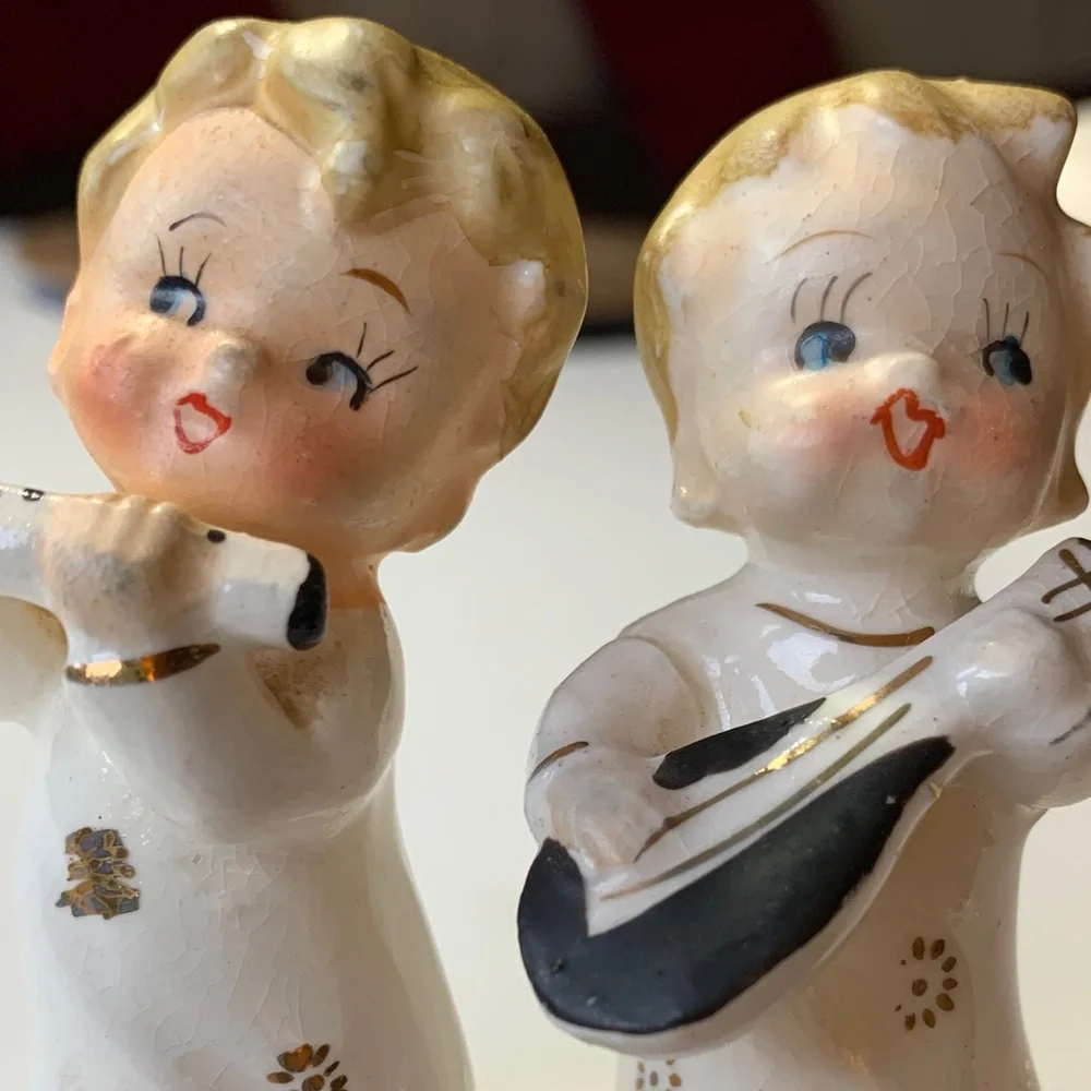 Vintage Mid-Century Ceramic Musician Pair - Cream & Gold Gilt - MCM Kitsch